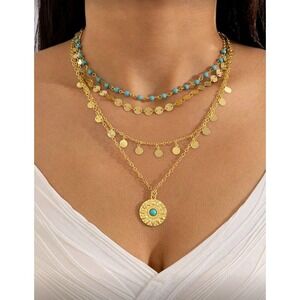 Layered‎ Necklace Gold Tone Turquoise Bead Coin Pendant Bohemian Jewelry